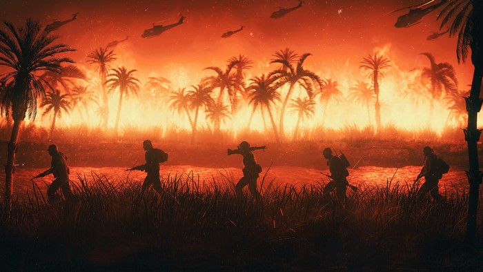 Soldiers in Vietnam jungle with helicopters and fire