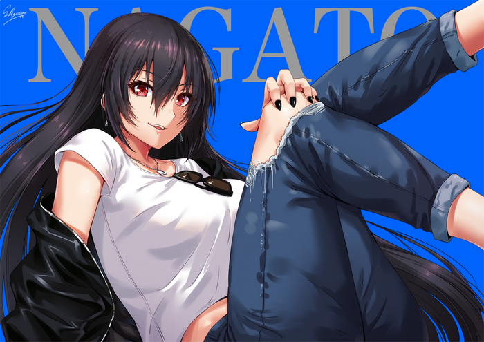 Nagato from Kantai Collection with red eyes and ripped jeans
