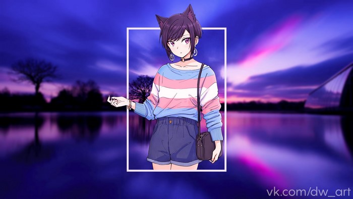 Anime girl with cat ears and transgender flag sweater