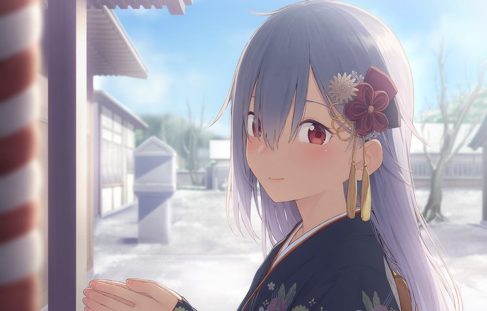 Anime girl in kimono at a shrine