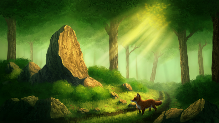 Fox walking on a path in a sunlit forest with rocks
