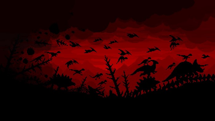 Pixel art dinosaurs and flying creatures in a red landscape