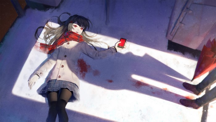 Anime girl lying in snow with phone and blood