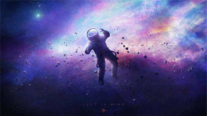 Astronaut floating in a colorful nebula with asteroids