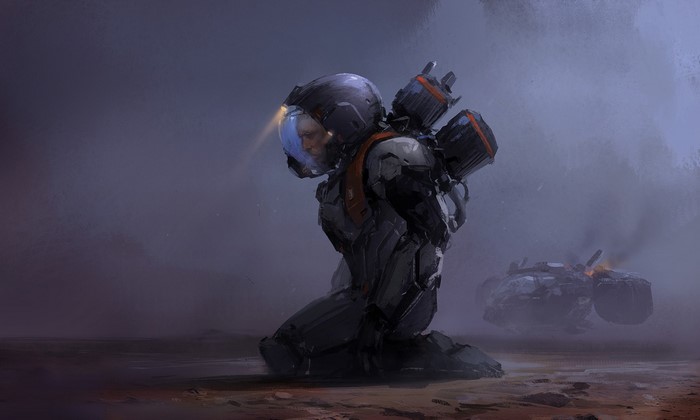 Astronaut kneeling on a desolate planet near a crashed vehicle