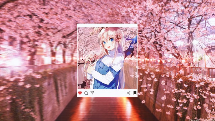 Anime girl in denim overalls with cherry blossoms