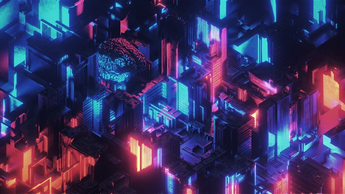 Abstract 3D digital art with neon glow and brain