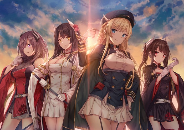 Azur Lane characters in uniform at sunset