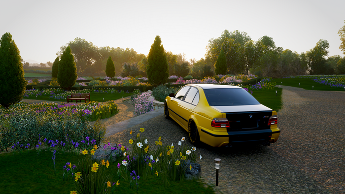 Yellow BMW 5 Series E39 in a Garden