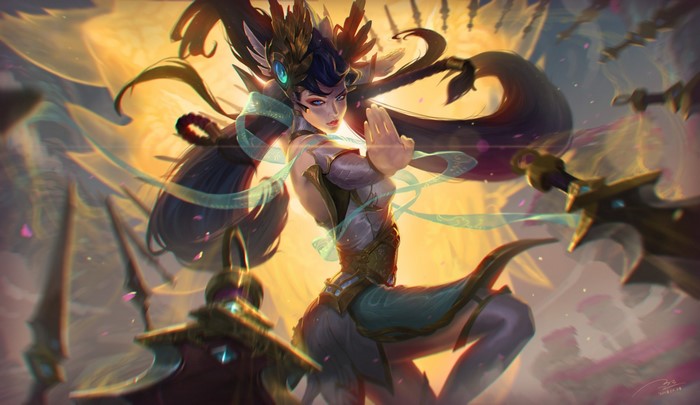 Irelia from League of Legends in battle stance