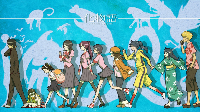 Monogatari Series characters walking on a blue background