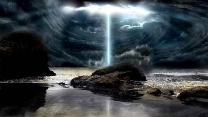 Surreal beach with lightning beam from sky