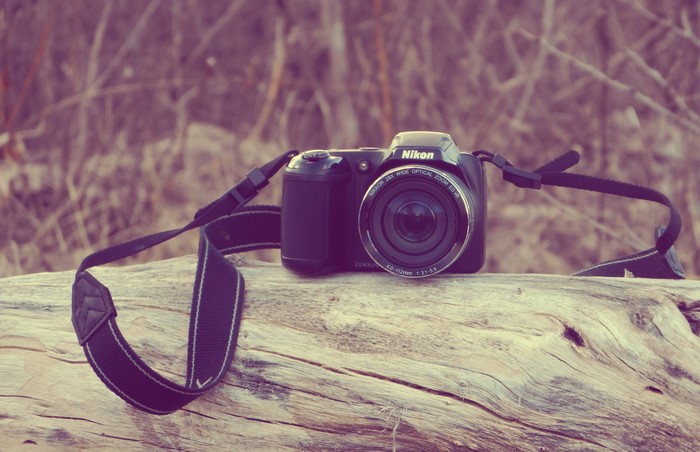 Nikon Coolpix camera on a log