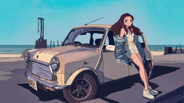 Anime girl leaning on a beige Mini car at the beach