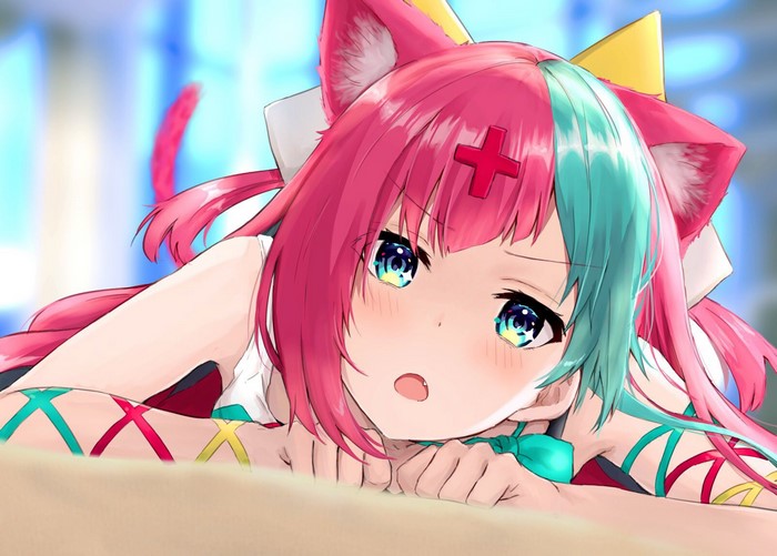 Anime girl with pink and teal hair and cat ears