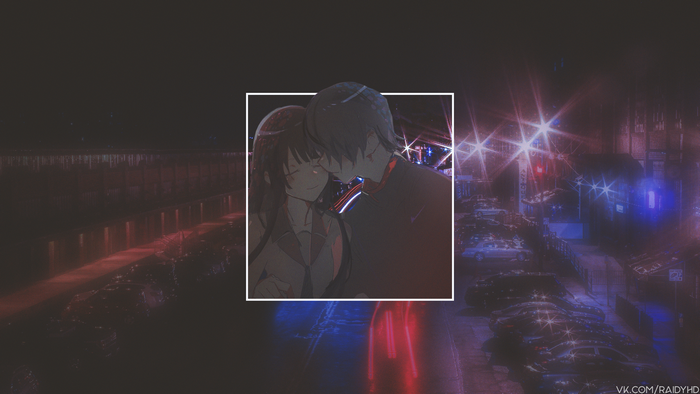 Anime couple embracing in a city at night