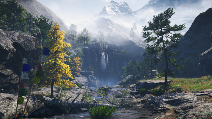Far Cry 4 screenshot of a mountain landscape with a waterfall