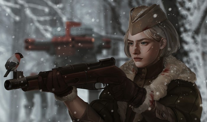Woman with rifle and bird in snowy forest with War Machine