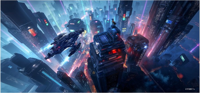 Futuristic city with spaceship and cyberpunk architecture