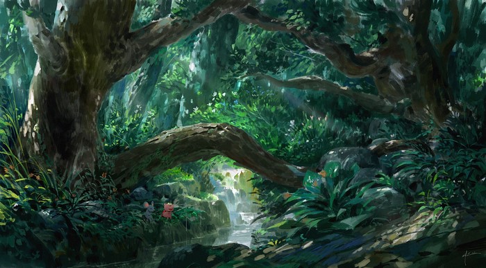 Digital artwork of a lush green forest with a stream