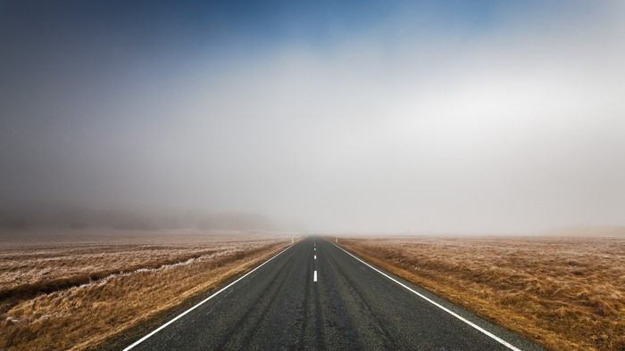 Road disappearing into fog and dry grass