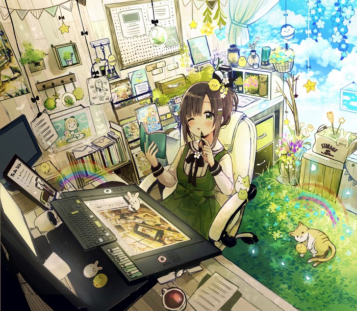 Anime girl in a room with a cat and computer