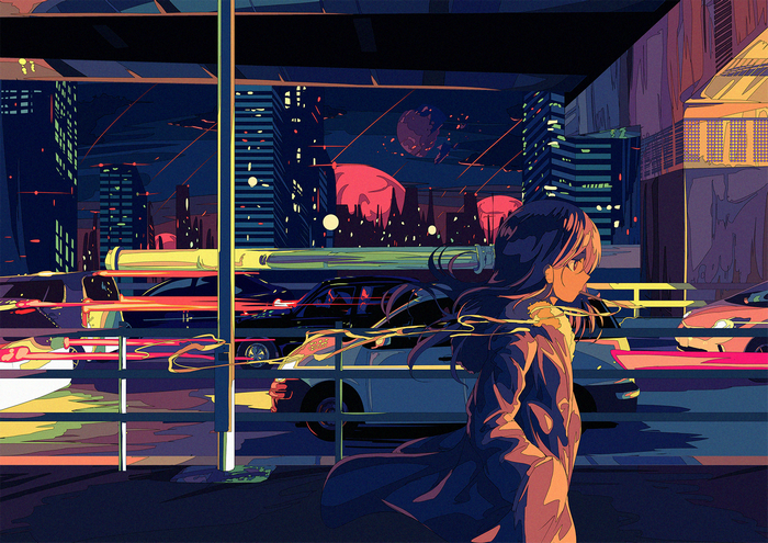 Anime girl in a city at night with traffic