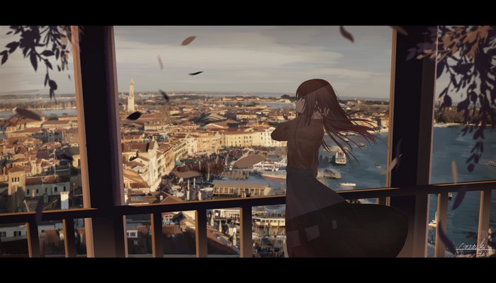 Anime girl overlooking a cityscape from a balcony