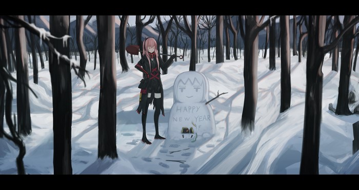 Anime girl with shovel next to snowman in snowy forest