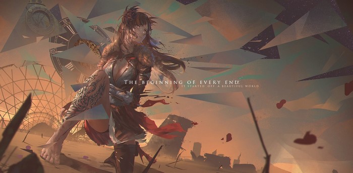 Anime girl with tattoos and abstract background
