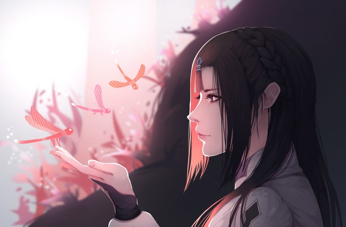 Anime girl with dark hair and dragonflies