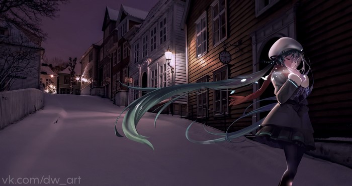 Hatsune Miku in a snowy town at night