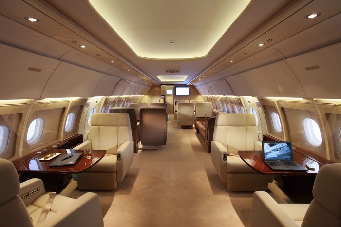 Interior of a luxury business jet airplane