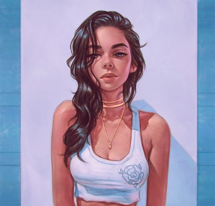 Woman with dark hair and blue eyes by Angel Ganev