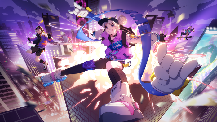 Anime characters in a futuristic city at night