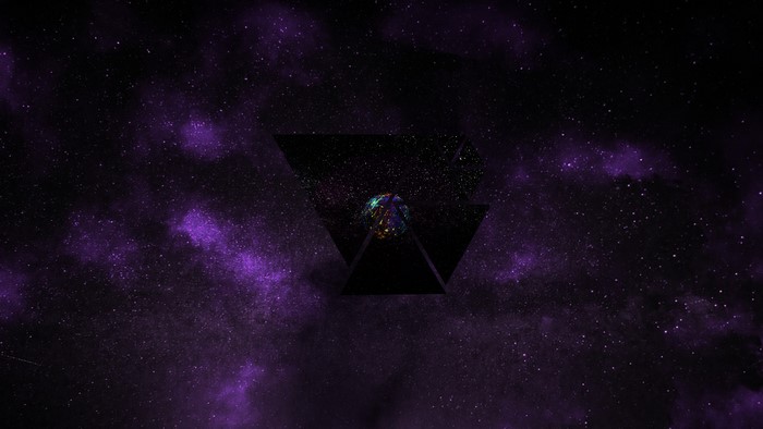 Colorful planet in geometric shape against starry purple sky