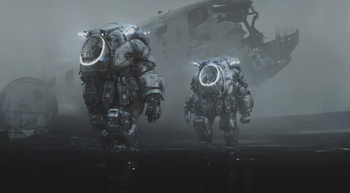 Two astronauts in futuristic suits near a crashed aircraft