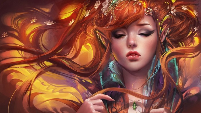 Fantasy girl with long red hair and closed eyes