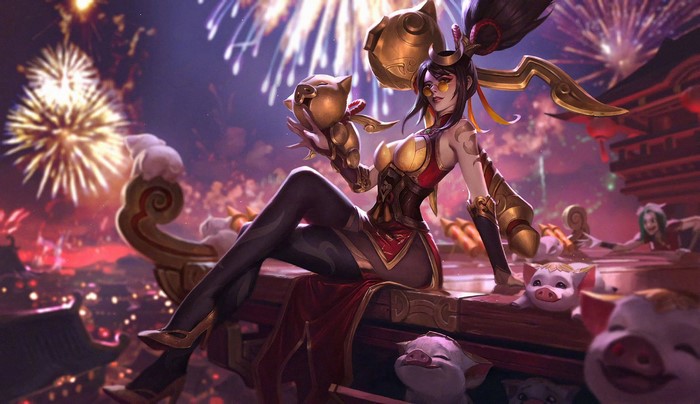 Vayne from League of Legends with pigs and fireworks