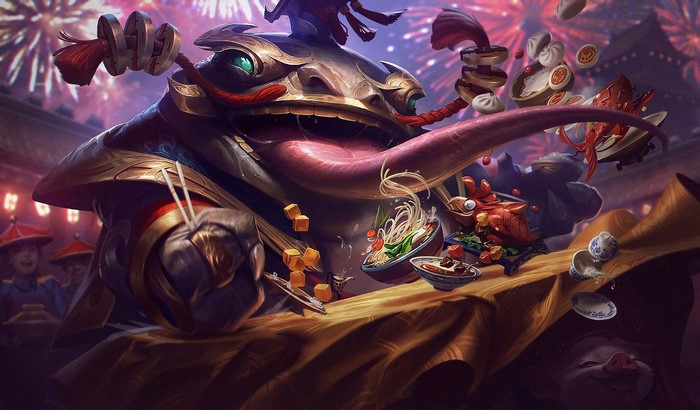 Tahm Kench from League of Legends celebrating with food