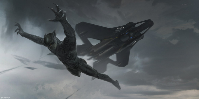 Black Panther from Marvel Cinematic Universe in flight near a spacecraft