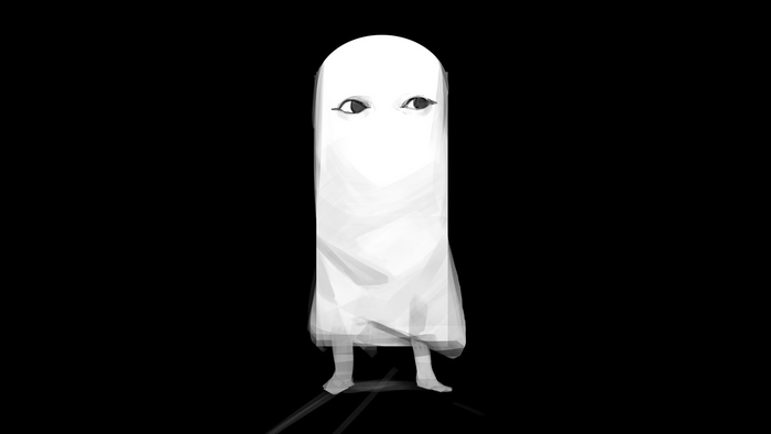 Medjed character with large eyes on black background