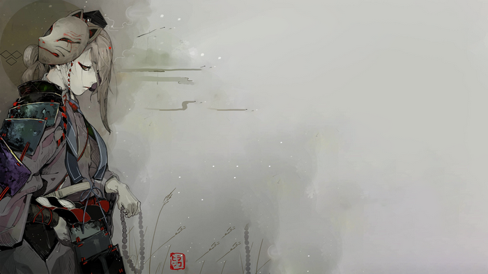 Anime girl in kimono with fox mask