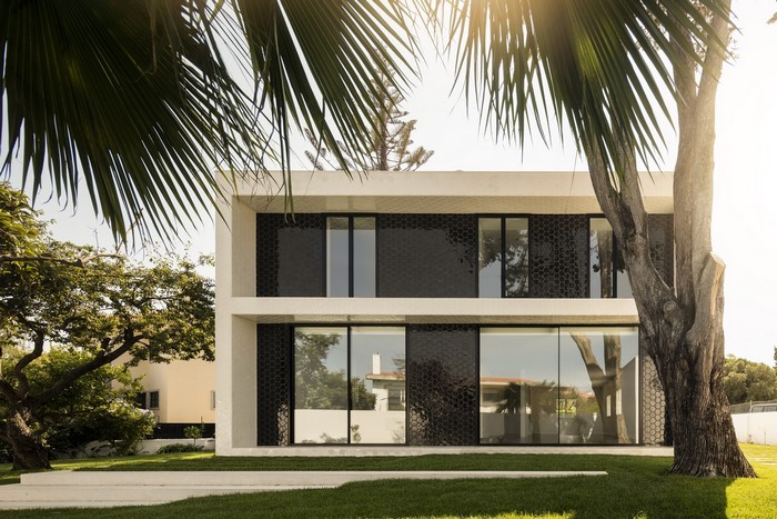 Modern house with hexagonal facade and palm trees
