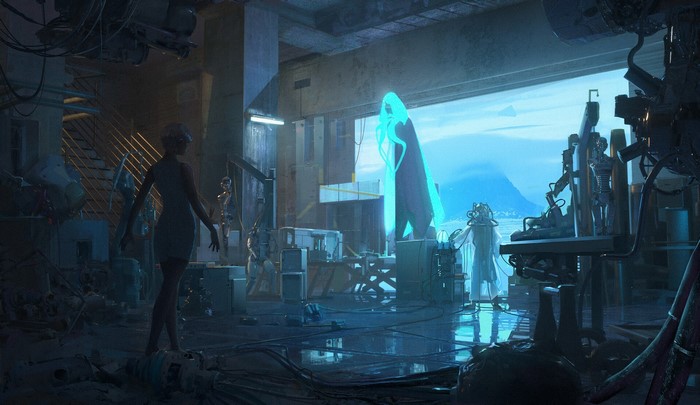 Woman in a futuristic workshop with holographic projection