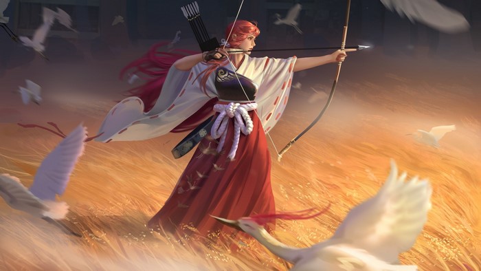 Japanese archer aiming a bow in a field with cranes