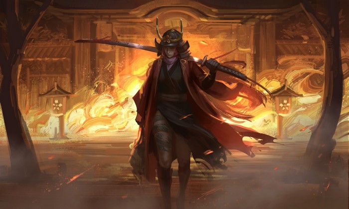 Samurai woman with katana in front of burning gates