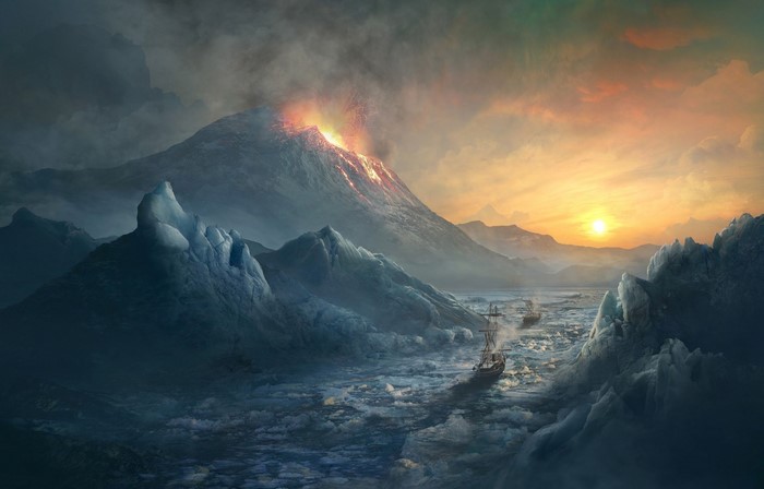 Volcano erupting near icebergs with ships at sunset