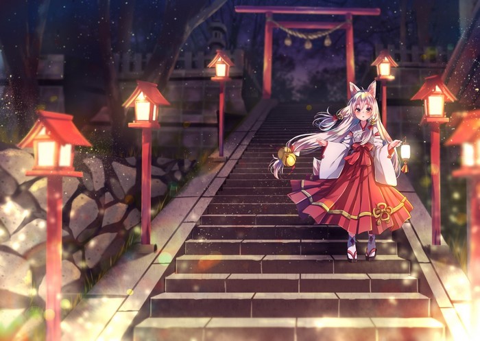 Anime girl with fox ears at a shrine at night