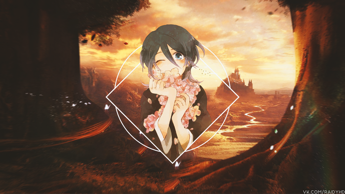 Anime girl with flowers in fantasy landscape
